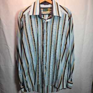 Shore Mens' Multi Stripes with Embroidered Scrolls LS Button Down Large Shirt